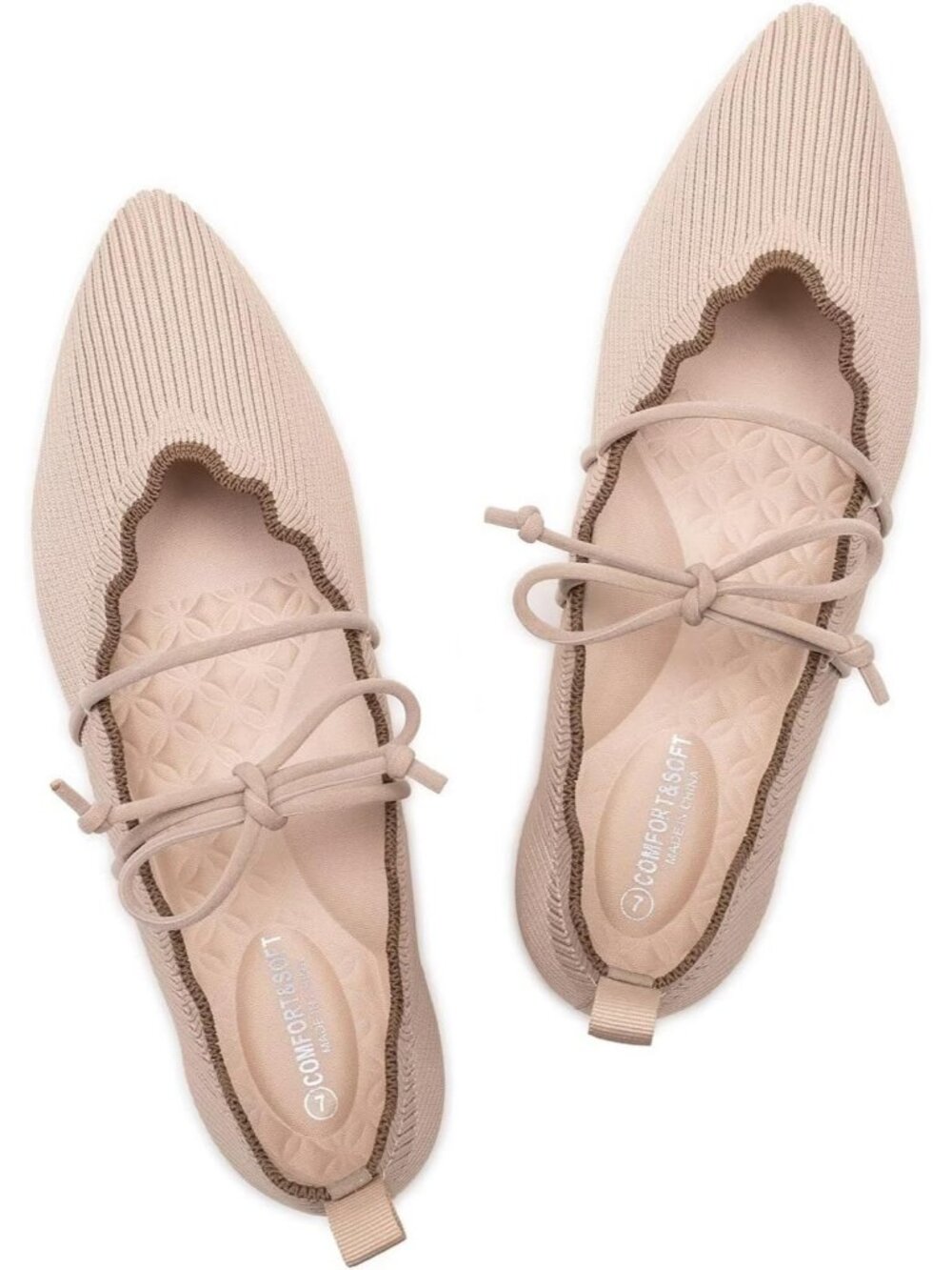 Women's Cream Rubber Knitted Slip On Pointed Toe with Ruffled Vamp Elastic Flats - Picture 5 of 7